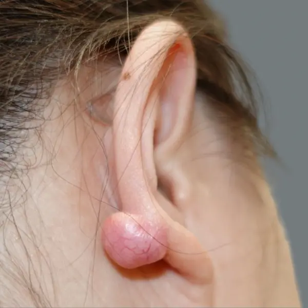Ear keloid before treatment, back view